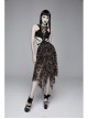 Flocking Print Mesh Waist Side Elastic Lace-Up Sharp Hem Brown Gothic Sleeveless Dress
