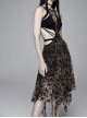 Flocking Print Mesh Waist Side Elastic Lace-Up Sharp Hem Brown Gothic Sleeveless Dress