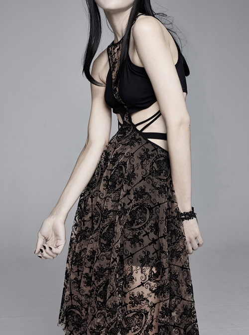 Flocking Print Mesh Waist Side Elastic Lace-Up Sharp Hem Brown Gothic Sleeveless Dress