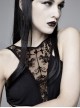 Flocking Print Mesh Waist Side Elastic Lace-Up Sharp Hem Brown Gothic Sleeveless Dress