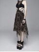 Flocking Print Mesh Waist Side Elastic Lace-Up Sharp Hem Brown Gothic Sleeveless Dress