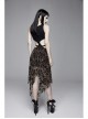Flocking Print Mesh Waist Side Elastic Lace-Up Sharp Hem Brown Gothic Sleeveless Dress