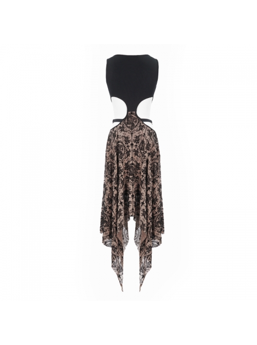 Flocking Print Mesh Waist Side Elastic Lace-Up Sharp Hem Brown Gothic Sleeveless Dress