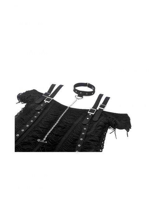 Black Cool Choker Metal Chain Decoration Unique Hole Design Punk Style T Shirt
