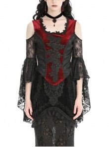Black Red Elegant Retro Lace Splicing Sexy Off Shoulder Design Gothic Style Top