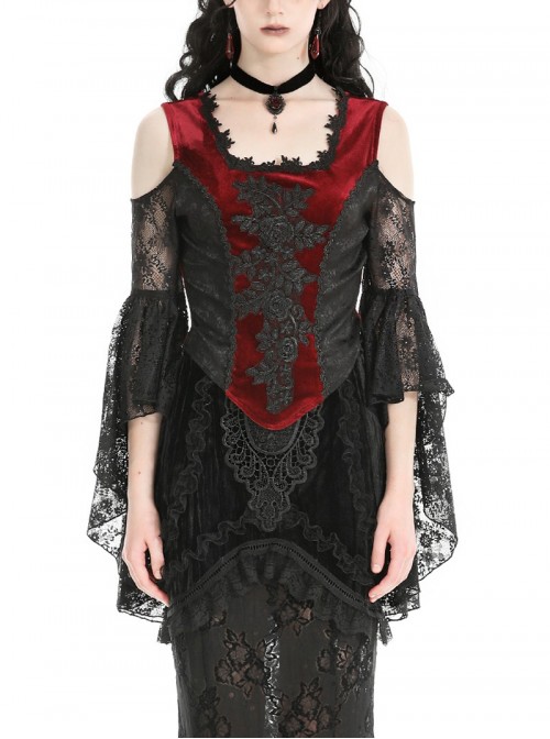 Black Red Elegant Retro Lace Splicing Sexy Off Shoulder Design Gothic Style Top
