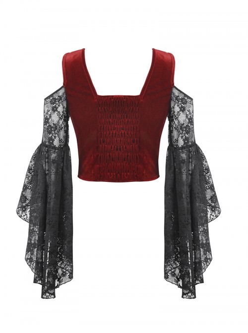 Black Red Elegant Retro Lace Splicing Sexy Off Shoulder Design Gothic Style Top