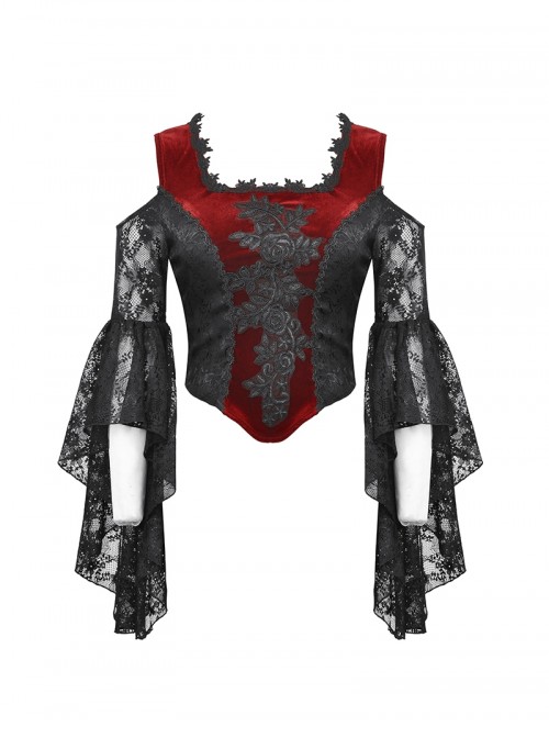 Black Red Elegant Retro Lace Splicing Sexy Off Shoulder Design Gothic Style Top