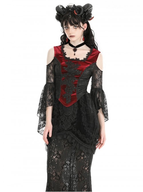 Black Red Elegant Retro Lace Splicing Sexy Off Shoulder Design Gothic Style Top