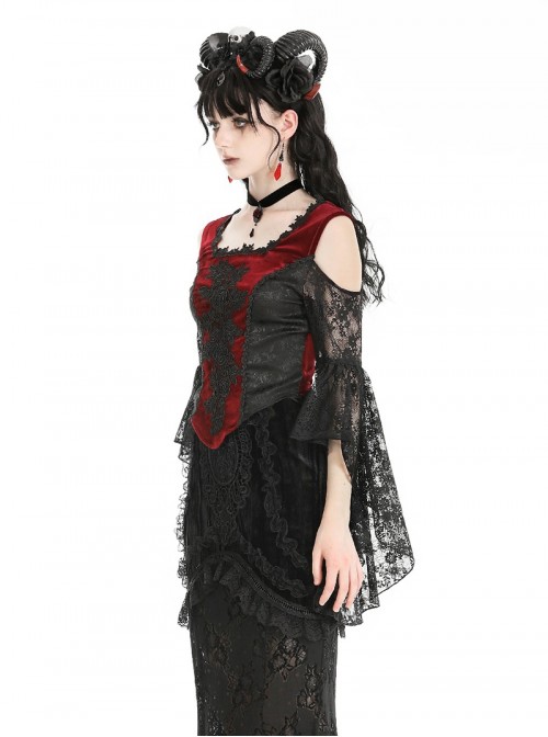 Black Red Elegant Retro Lace Splicing Sexy Off Shoulder Design Gothic Style Top