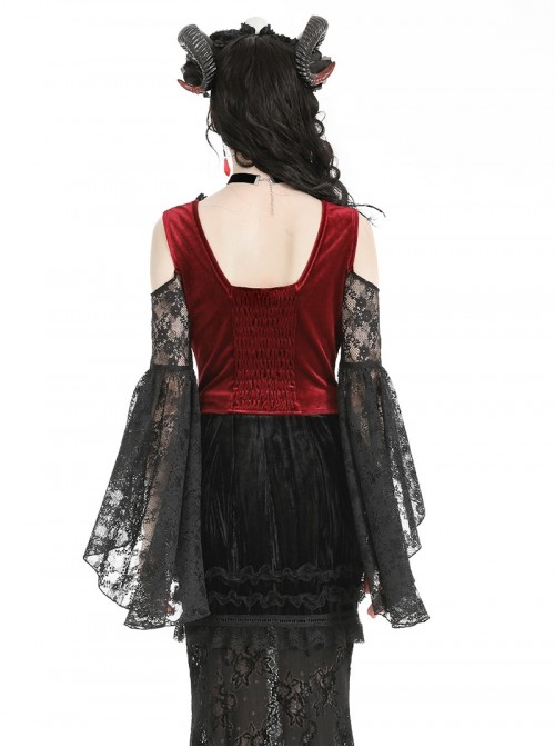 Black Red Elegant Retro Lace Splicing Sexy Off Shoulder Design Gothic Style Top