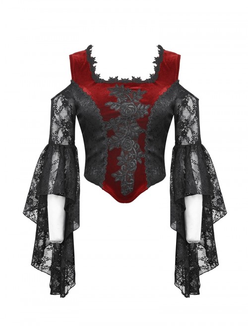 Black Red Elegant Retro Lace Splicing Sexy Off Shoulder Design Gothic Style Top