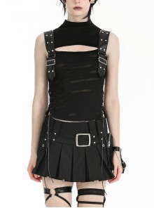 Cool Black Leather Patchwork Personality Hole Design Metal Rivet Decoration Punk Style Top