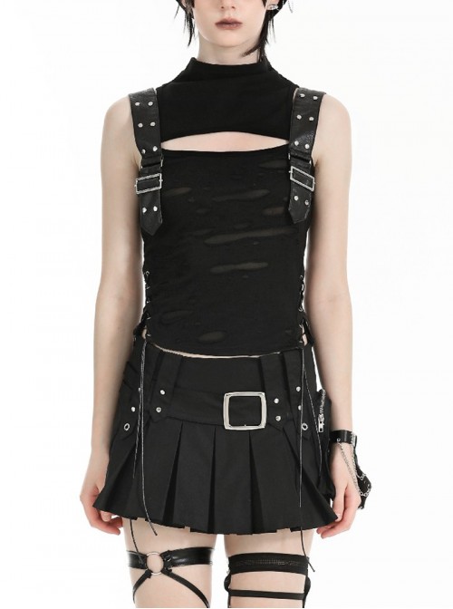 Cool Black Leather Patchwork Personality Hole Design Metal Rivet Decoration Punk Style Top