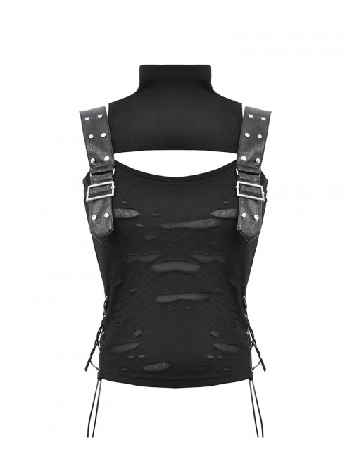 Cool Black Leather Patchwork Personality Hole Design Metal Rivet Decoration Punk Style Top