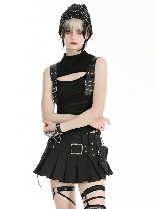 Cool Black Leather Patchwork Personality Hole Design Metal Rivet Decoration Punk Style Top