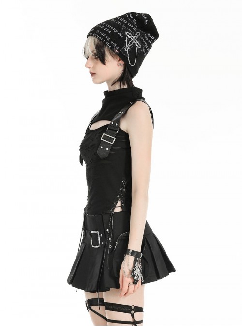 Cool Black Leather Patchwork Personality Hole Design Metal Rivet Decoration Punk Style Top