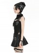Cool Black Leather Patchwork Personality Hole Design Metal Rivet Decoration Punk Style Top