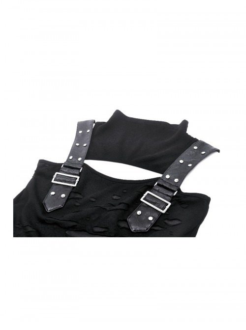 Cool Black Leather Patchwork Personality Hole Design Metal Rivet Decoration Punk Style Top