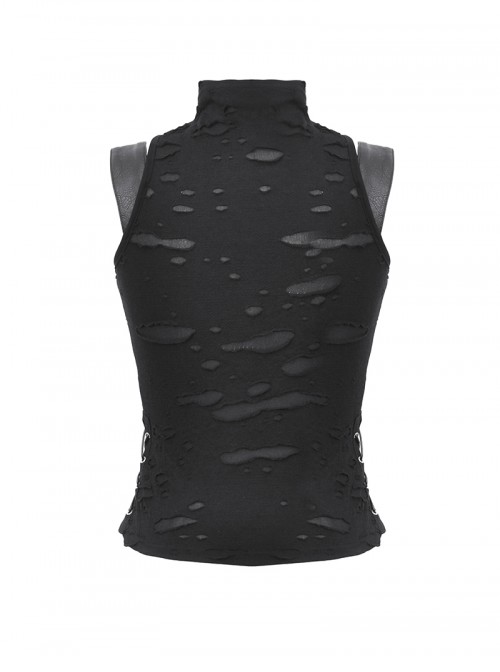Cool Black Leather Patchwork Personality Hole Design Metal Rivet Decoration Punk Style Top