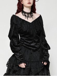 Elegant Black Velvet Jacquard Exquisite Lace Decorated Retro Victorian Style Gothic Style Top