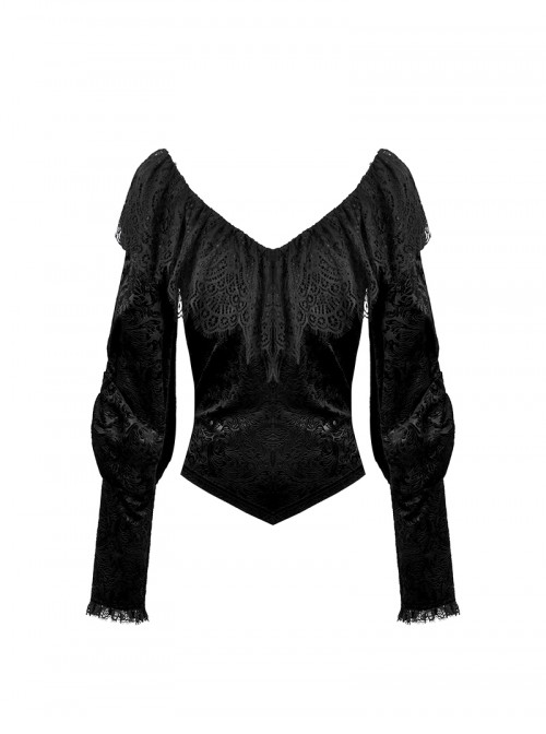 Elegant Black Velvet Jacquard Exquisite Lace Decorated Retro Victorian Style Gothic Style Top