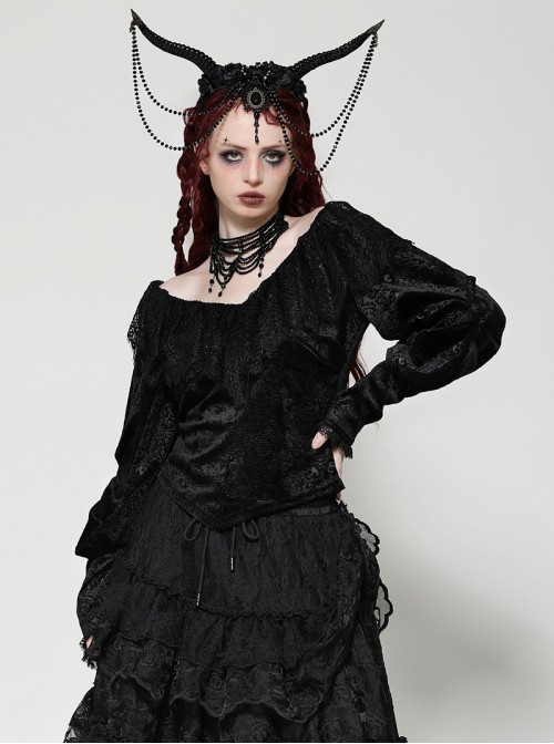 Elegant Black Velvet Jacquard Exquisite Lace Decorated Retro Victorian Style Gothic Style Top