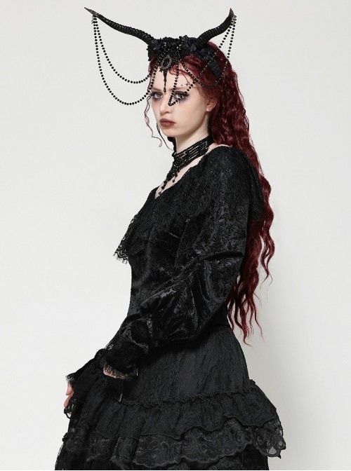 Elegant Black Velvet Jacquard Exquisite Lace Decorated Retro Victorian Style Gothic Style Top