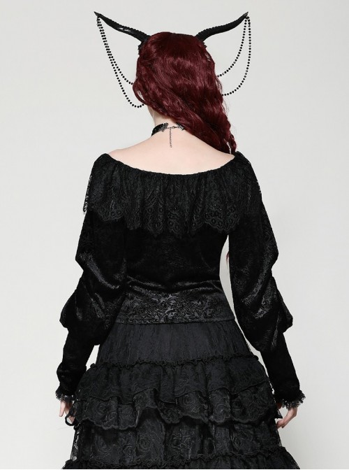 Elegant Black Velvet Jacquard Exquisite Lace Decorated Retro Victorian Style Gothic Style Top
