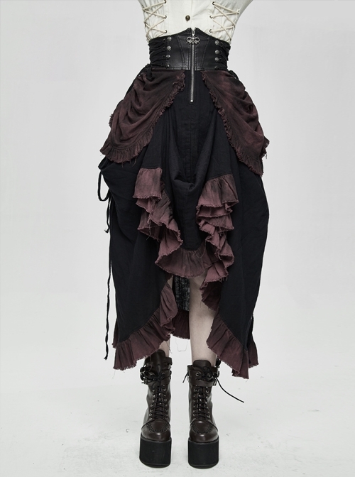 Wine-Red Inkjet Frilly Leather Nip Waist Side Lace-Up Black Punk Half Skirt