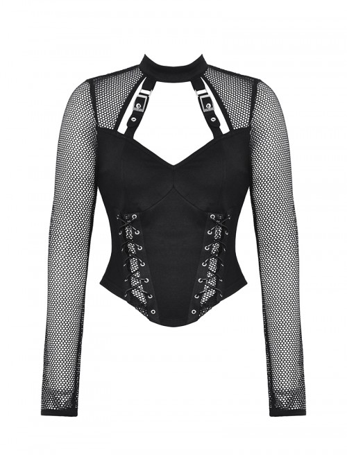 Cool Black Mesh Stitching Unique Metal Buckle Decoration Sexy Hollow Design Punk Style Top