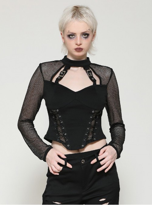 Cool Black Mesh Stitching Unique Metal Buckle Decoration Sexy Hollow Design Punk Style Top
