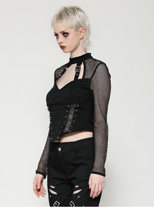 Cool Black Mesh Stitching Unique Metal Buckle Decoration Sexy Hollow Design Punk Style Top