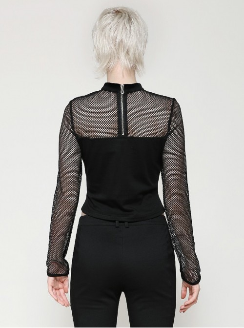 Cool Black Mesh Stitching Unique Metal Buckle Decoration Sexy Hollow Design Punk Style Top