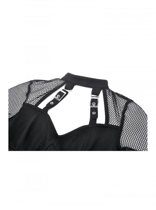 Cool Black Mesh Stitching Unique Metal Buckle Decoration Sexy Hollow Design Punk Style Top