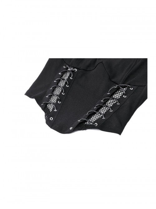 Cool Black Mesh Stitching Unique Metal Buckle Decoration Sexy Hollow Design Punk Style Top