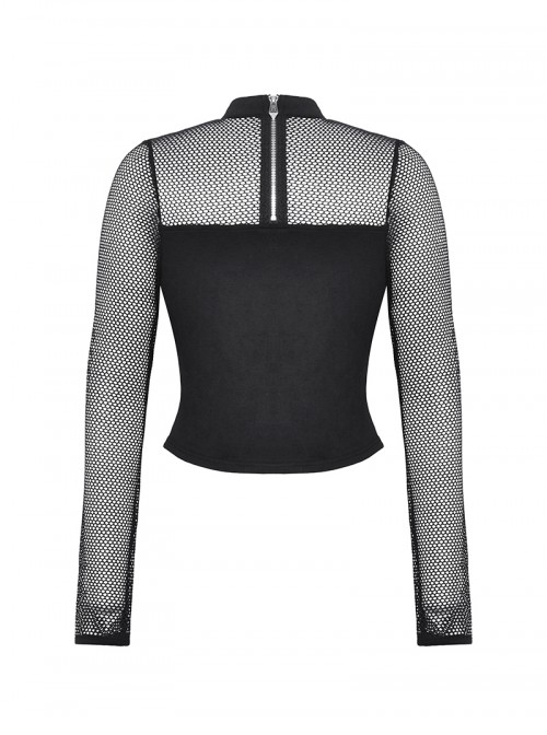 Cool Black Mesh Stitching Unique Metal Buckle Decoration Sexy Hollow Design Punk Style Top
