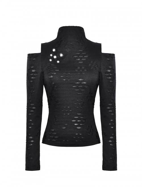 Black Sexy Backless Unique Hole Design Cool Metal Rivet Decoration Punk Style Slim Top