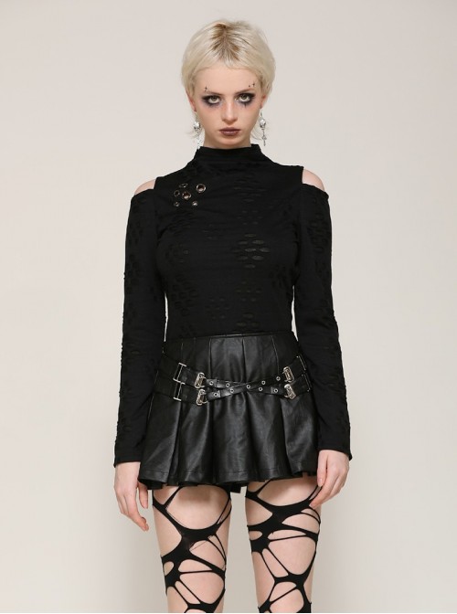 Black Sexy Backless Unique Hole Design Cool Metal Rivet Decoration Punk Style Slim Top