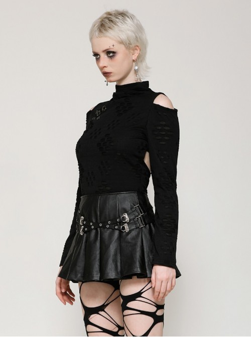 Black Sexy Backless Unique Hole Design Cool Metal Rivet Decoration Punk Style Slim Top