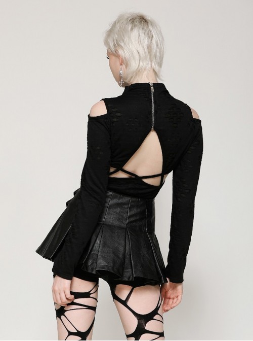 Black Sexy Backless Unique Hole Design Cool Metal Rivet Decoration Punk Style Slim Top