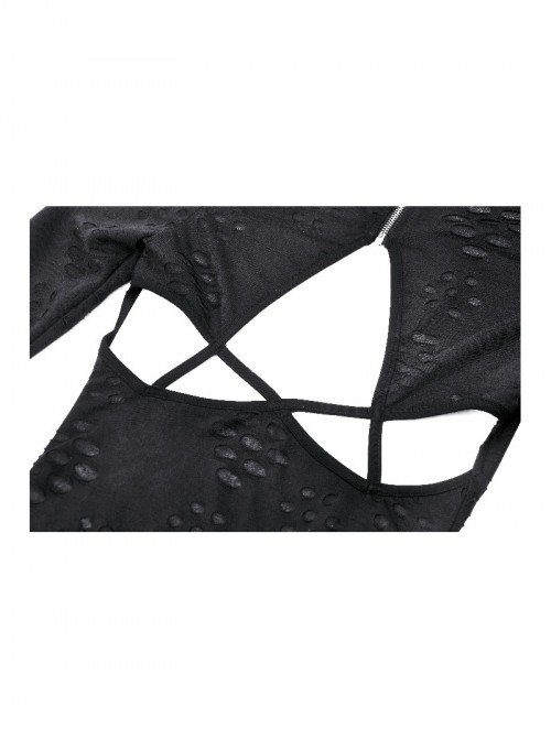 Black Sexy Backless Unique Hole Design Cool Metal Rivet Decoration Punk Style Slim Top