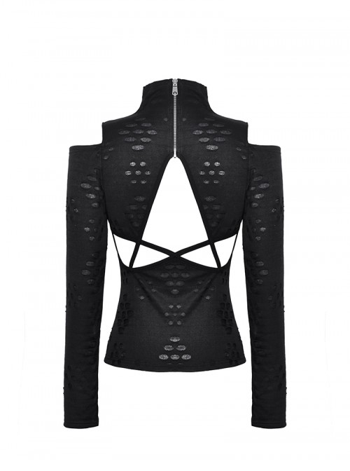 Black Sexy Backless Unique Hole Design Cool Metal Rivet Decoration Punk Style Slim Top