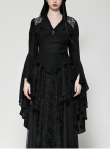 Black Elegant Lace Splicing Exquisite Ruffles Mysterious Metal Cross Decorated Gothic Style Trumpet Sleeves Top