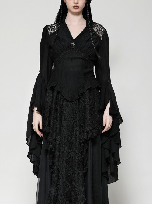 Black Elegant Lace Splicing Exquisite Ruffles Mysterious Metal Cross Decorated Gothic Style Trumpet Sleeves Top