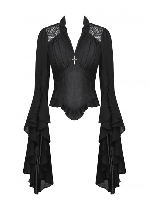 Black Elegant Lace Splicing Exquisite Ruffles Mysterious Metal Cross Decorated Gothic Style Trumpet Sleeves Top