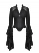 Black Elegant Lace Splicing Exquisite Ruffles Mysterious Metal Cross Decorated Gothic Style Trumpet Sleeves Top