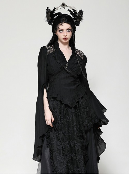 Black Elegant Lace Splicing Exquisite Ruffles Mysterious Metal Cross Decorated Gothic Style Trumpet Sleeves Top