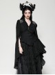 Black Elegant Lace Splicing Exquisite Ruffles Mysterious Metal Cross Decorated Gothic Style Trumpet Sleeves Top