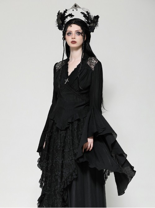 Black Elegant Lace Splicing Exquisite Ruffles Mysterious Metal Cross Decorated Gothic Style Trumpet Sleeves Top